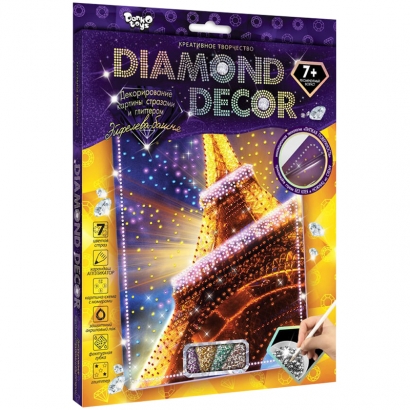 Картина из страз и глиттера Danko toys "Diamond Decor. Эйфелева башня", комплект страз, карандаш-аппликатор, губка, акриловый лак