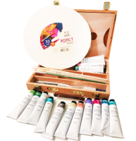 Набор для живописи "Вдохновение" 17 масляных красок в деревянном ящике, мастихин, кисти, холст