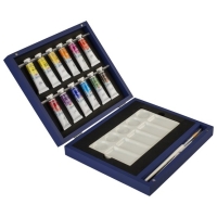 Набор акварельных красок Белые Ночи PRO 12 цветов в тубах 10 мл с кистями и палитрой подарочный в деревянном пенале