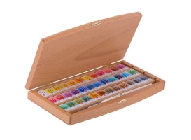 Набор акварельных красок Белые Ночи PRO 36 цветов в кюветах с кистью в пенале из бука