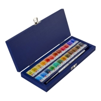 Набор акварельных красок Белые Ночи PRO 24 цвета в кюветах с кистью подарочный в деревянном пенале