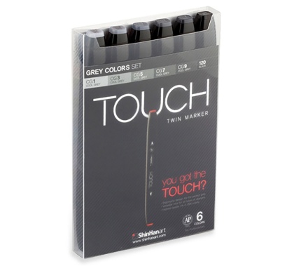 Набор спиртовых двусторонних маркеров Touch Twin 6 "Серые цвета" в кейсе