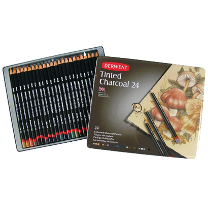 Набор угольных цветных карандашей Derwent Tinted Charcoal Pencils 24 штуки в пенале