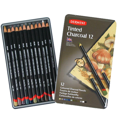 Набор угольных цветных карандашей Derwent Tinted Charcoal Pencils 12 штук в пенале