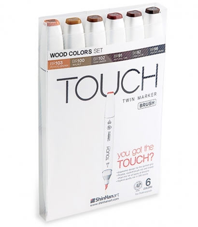 Набор спиртовых маркеров Touch Brush 6 "Древесные цвета" с двумя наконечниками в кейсе