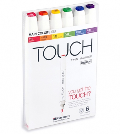 Набор спиртовых маркеров Touch Brush 6 "Основные цвета" с двумя наконечниками в кейсе