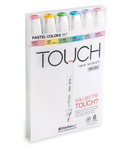 Набор спиртовых маркеров Touch Brush 6 "Пастельные цвета" с двумя наконечниками в кейсе