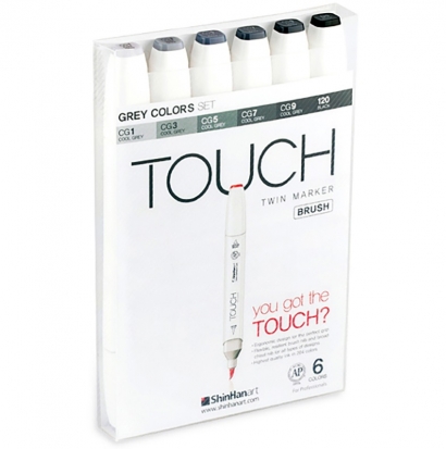 Набор спиртовых маркеров Touch Brush 6 "Серые цвета" с двумя наконечниками в кейсе