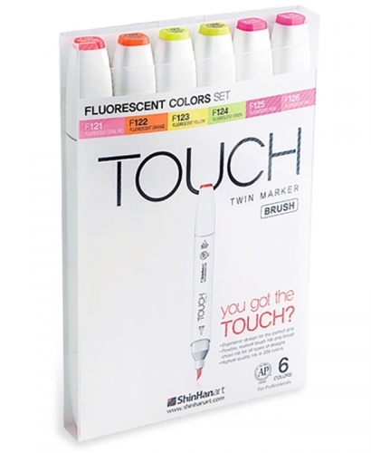 Набор спиртовых маркеров Touch Brush 6 "Флуоресцентные цвета" с двумя наконечниками в кейсе