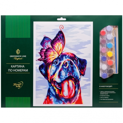 Картина по номерам Greenwich Line "Пес и бабочка" A3, с акриловыми красками, картон, европодвес