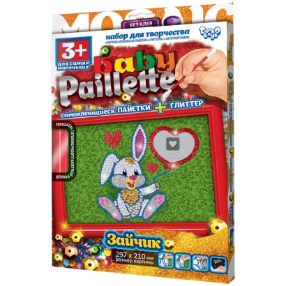 Аппликация-картина из пайеток и глиттера Danko toys "Baby Paillette. Зайчик", рамка, комплект глиттерных блесток, комплек разноцв. пайеток, палочка-ст