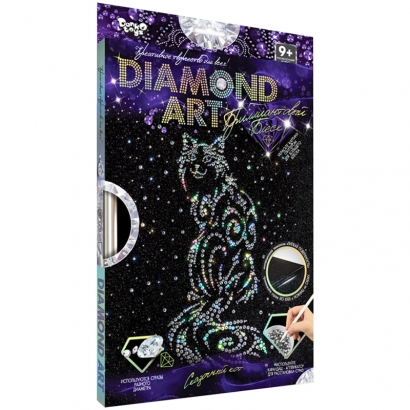 Картина из страз и глиттера Danko toys "Diamond Art. Кошка", комплект страз, карандаш-аппликатор, багетная рамка