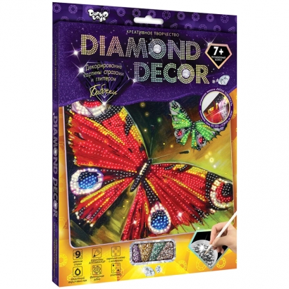Картина из страз и глиттера Danko toys "Diamond Decor. Бабочка", комплект страз, карандаш-аппликатор, губка, акриловый лак