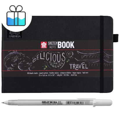 Набор скетчбук Sakura Sketch&Note горизонтальный с черной бумагой А5 / 80 листов / 140 гм + ручка Gelly Roll