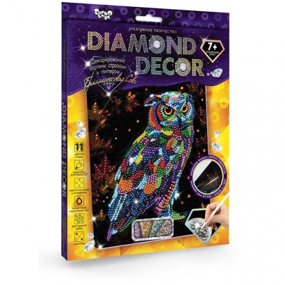 Картина из страз и глиттера Danko toys "Diamond decor. Сова", комплект страз, карандаш-аппликатор, губка, акриловый лак