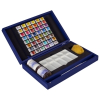 Набор акварельных красок Белые Ночи PRO 48 цветов в кюветах с кистями палитрой и аксессуарами подарочный в деревянном пенале