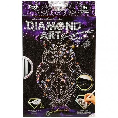 Картина из страз и глиттера Danko toys «Diamond art. Сова», комплект страз, карандаш-аппликатор, багетная рамка